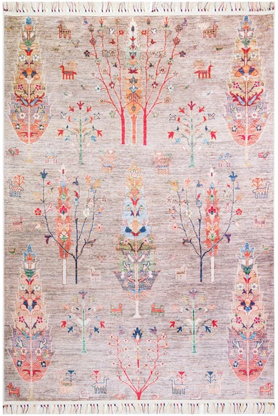 Şal Desenli Dokuma Pamuk Taban Dijital Dekoratif Halı  VİZON 80X200