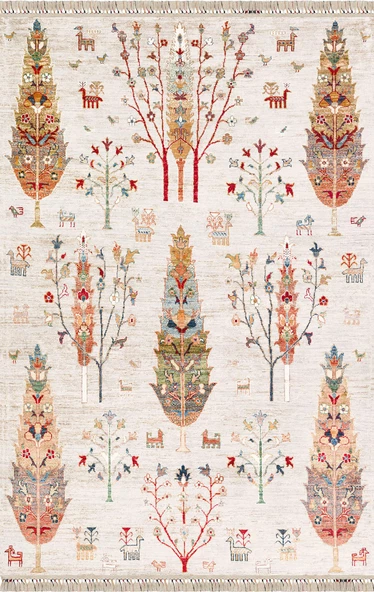 Şal Desenli Dokuma Pamuk Taban Dijital Dekoratif Halı  KREM 160X230