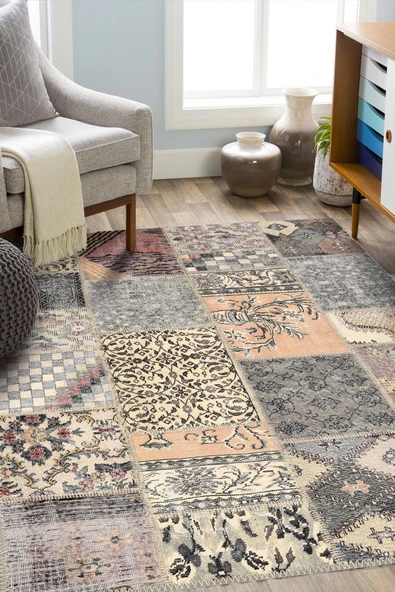Patchwork Desenli Pamuk Taban Dijital Baskılı Yıkanabilir Halı  BEJ 160X230