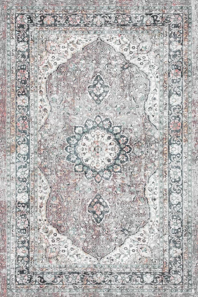 Vintage Desenli Pamuk Taban Baskılı Halı  GRİ 100X200