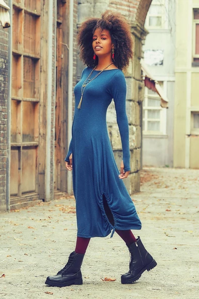 Kayık Yaka Parmak Geçmeli Kışlık Elbise - Resim 2