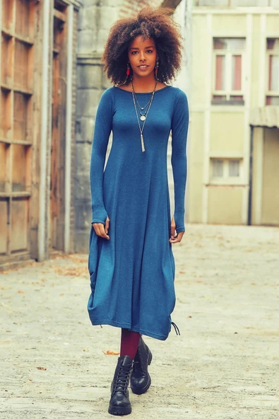 Kayık Yaka Parmak Geçmeli Kışlık Elbise ürün görseli 1