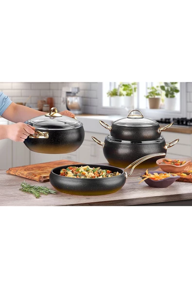 OMS PASLANMAZ Kure - 3023 - 7 Parça - Biogranit - Pfoa Ve Ptfe Free - Tencere, Tava, Çeyiz Seti - Resim 3