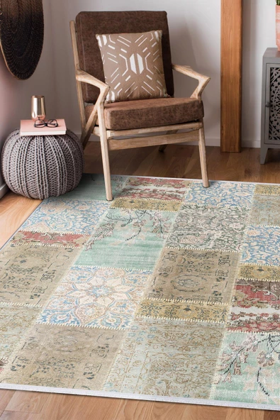 Patchwork Desenli Dokuma Pamuk Taban Dijital Dekoratif Halı  VİZON 100X200
