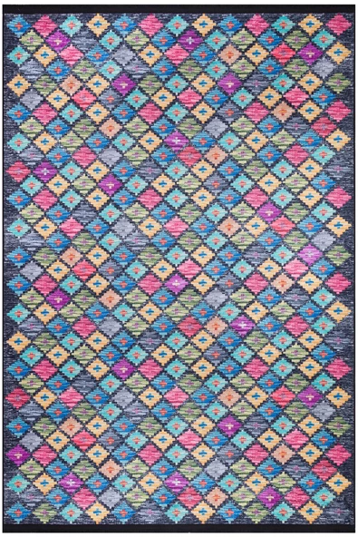 Frenda Home Kilim Desen Pamuk Taban Baskılı Halı  SİYAH 80X200