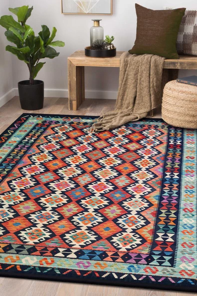 Frenda Home Renkli Kilim Desen Pamuk Taban Halı  SİYAH 100X300