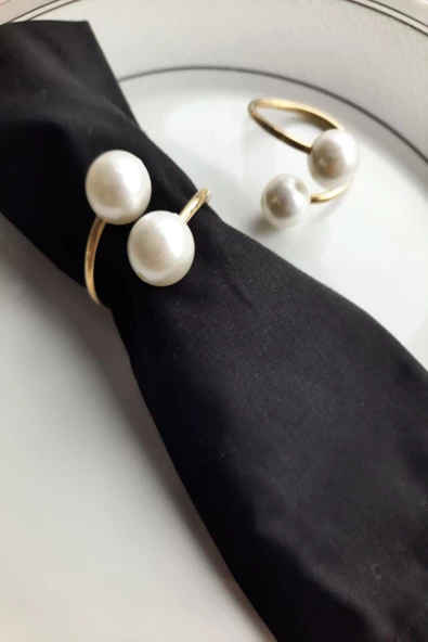 6 Adet Gold Metal Halkalı Krem İncili Peçete Yüzüğü - Resim 2