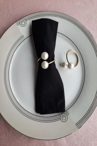 6 Adet Gold Metal Halkalı Krem İncili Peçete Yüzüğü - Resim 3