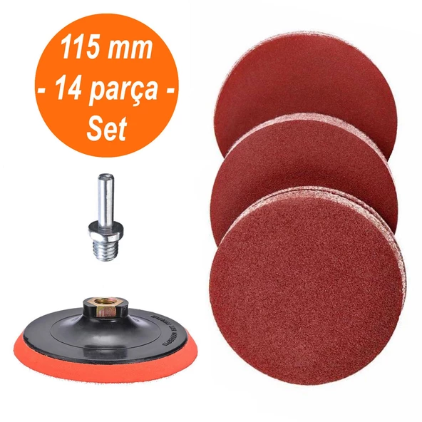 14 PARÇA Cırt Zımpara Seti + Matkap Aparatı 115 mm