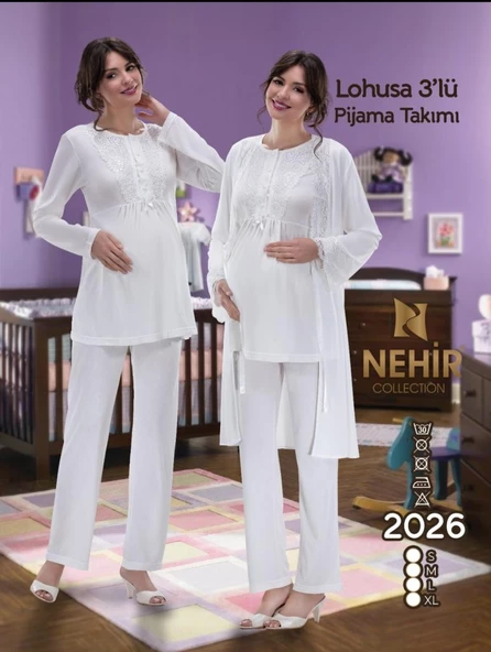 NEHİR 2026 Ecru  Hamile Lohusa 3 Lü Pijama Sabahlık TK ürün görseli