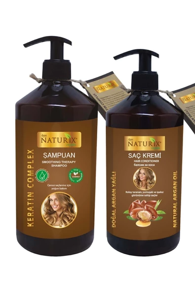 Naturix Keratin Bakım Şampuan & Argan Yağlı Saç Kremi Seti - 600ml Şampuan + 500ml Krem - Saç Güçlendirme & Nemlendirici Etki