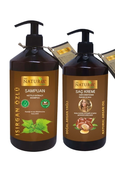 Naturix 2'li Tuzsuz Saç Bakım Seti - ısırgan Otu Özlü Şampuan (600 ml)&Argan Yağlı Saç Kremi (500 ml)