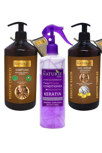 Naturix 3'lü Tuzsuz Keratin Bakım Seti  Şampuan (600 ml), Saç Kremi (500 ml) & Fön Suyu (400 ml)