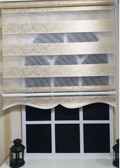 StorBurada Zebra Stor Perde Sarı Sarmaşık Desen Altın Simli  Etek Dilimli STB9300 V 02  Sarı 80 x 200 - Resim 3