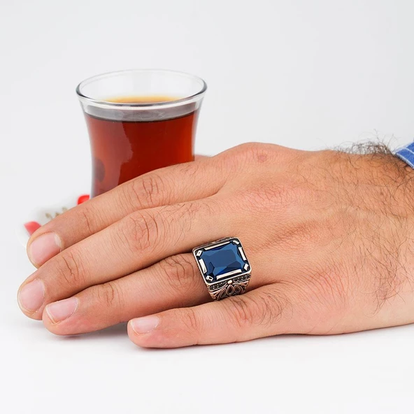 Lacivert Zirkon Taşlı 925 Ayar Gümüş Erkek Yüzük - Resim 2