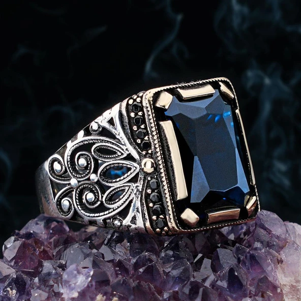 Lacivert Zirkon Taşlı 925 Ayar Gümüş Erkek Yüzük ürün görseli