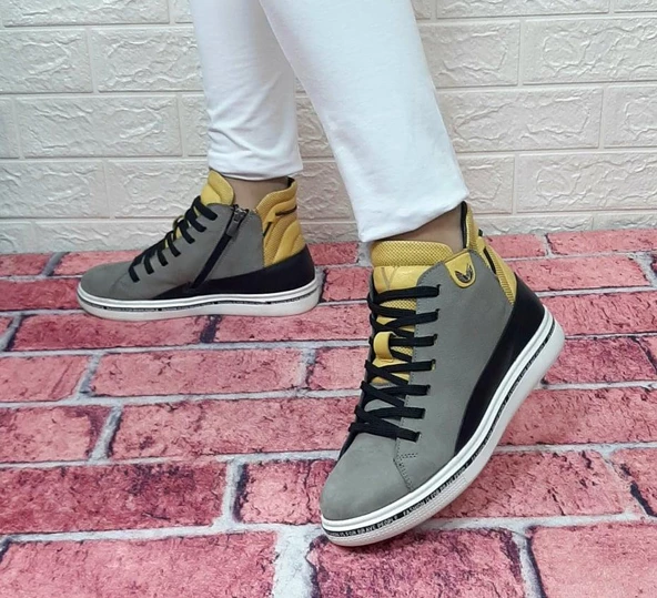 Voyager 8498 Gri-Sarı Hakiki Deri Kaymaz Taban Fermuarlı Bağacaklı Bot - Resim 3