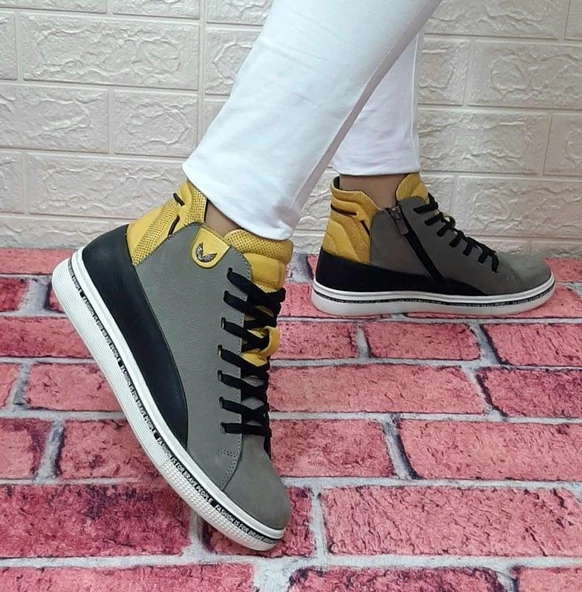 Voyager 8498 Gri-Sarı Hakiki Deri Kaymaz Taban Fermuarlı Bağacaklı Bot - Resim 5