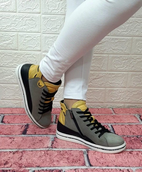 Voyager 8498 Gri-Sarı Hakiki Deri Kaymaz Taban Fermuarlı Bağacaklı Bot - Resim 6