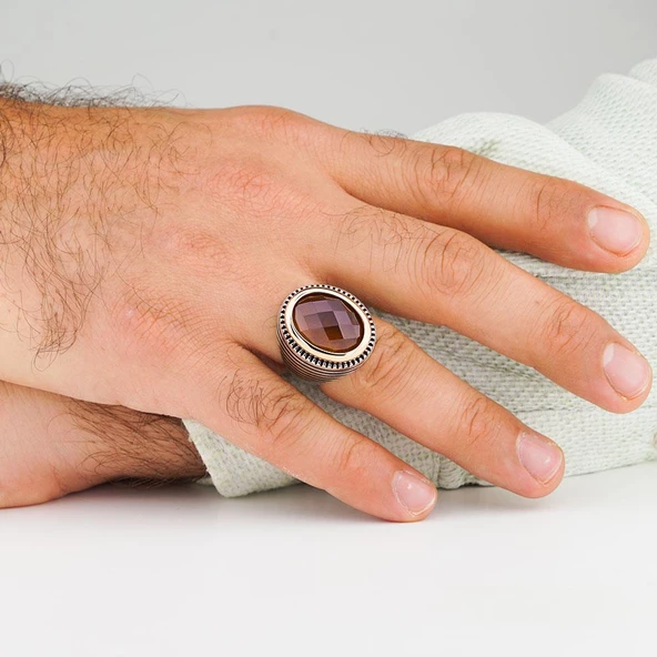 Zultanit Taşlı Çizgili 925 Ayar Gümüş Erkek Yüzük - Resim 2