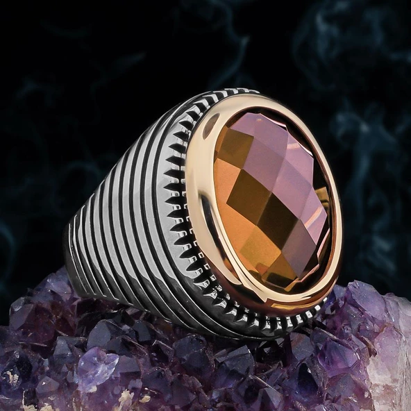 Zultanit Taşlı Çizgili 925 Ayar Gümüş Erkek Yüzük ürün görseli