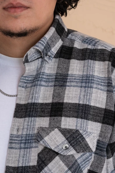 MUGİ RAHAT KESİM EKOSELİ ÇİFT CEPLİ ERKEK ODUNCU GÖMLEK - Resim 4