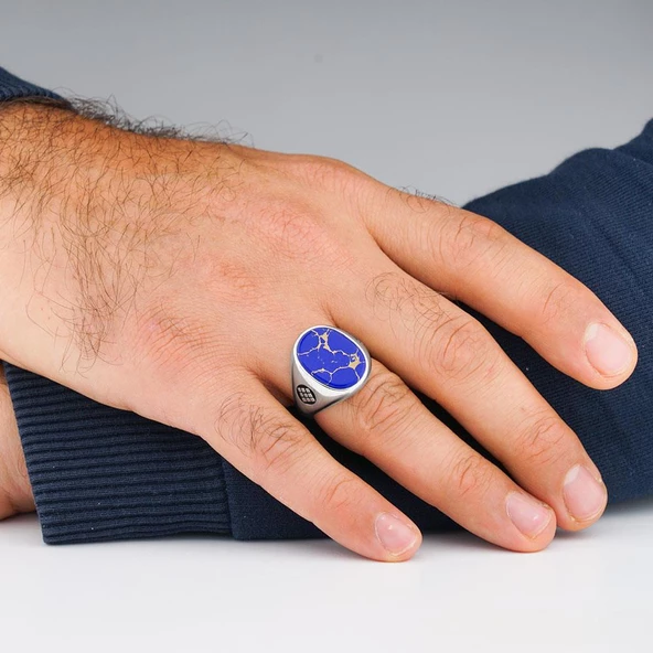 Mavi Lapis Taşlı Parlak 925 Ayar Gümüş Erkek Yüzük - Resim 2