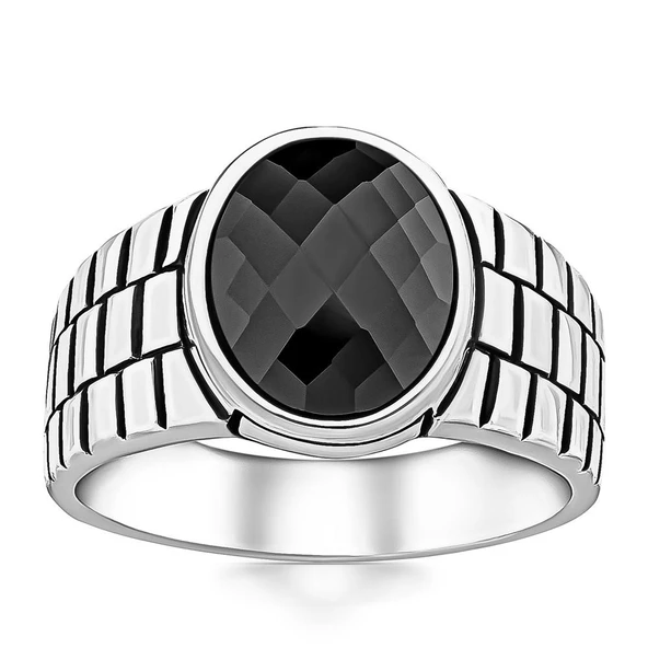 Saat Kordon Tasarımlı Yuvarlak Siyah Zirkon Taşlı Gümüş Erkek Yüzük - Resim 5