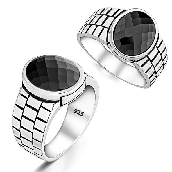 Saat Kordon Tasarımlı Yuvarlak Siyah Zirkon Taşlı Gümüş Erkek Yüzük - Resim 3