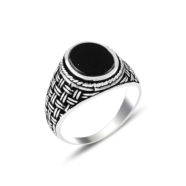 Siyah Oniks Taşlı Hasır Desenli 925 Ayar Gümüş Erkek Yüzük - Resim 4