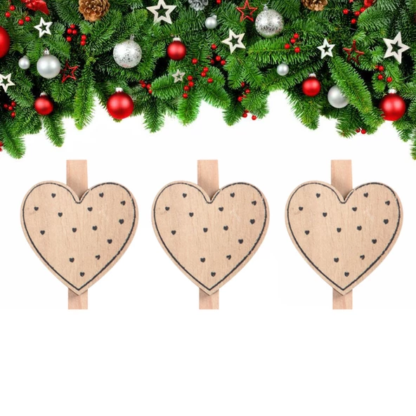 Yılbaşı Ahşap Desenli Kalp Dekoratif Mandal 6'lı