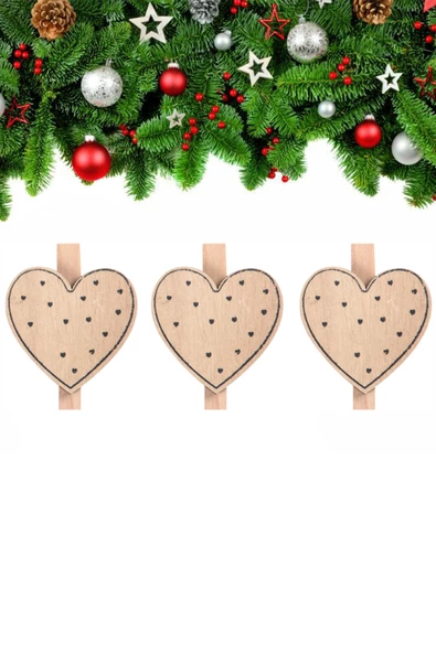 Yılbaşı Ahşap Desenli Kalp Dekoratif Mandal 6'lı - 2