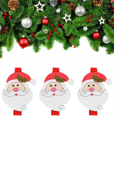 Yılbaşı Noel Baba Desenli Dekoratif Mandal 6'lı - 2