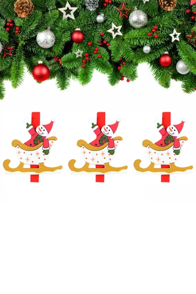 Yılbaşı Kızak Motifli Kardan Adam Dekoratif Mandal 6'lı - 2