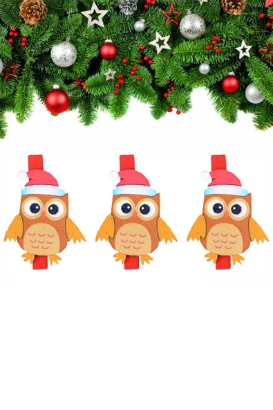 Yılbaşı Baykuş Desenli Dekoratif Mandal 6'lı - 2