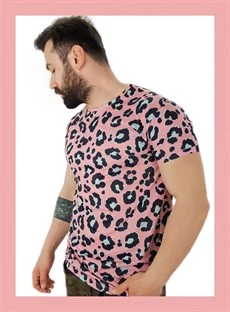 Erkek Pembe Leopar Desen T-Shirt - 3