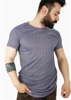 Erkek Lacivert Boyuna Çizgili T-Shirt - 3