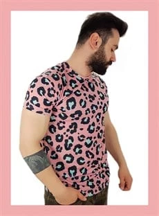 Erkek Pembe Leopar Desen T-Shirt - 4