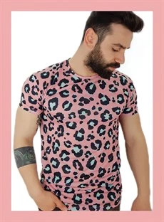 Erkek Pembe Leopar Desen T-Shirt