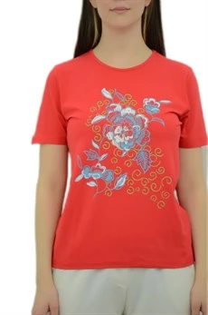 Çiçek Baskılı Kırmızı T-Shirt - 4