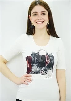 Çanta Baskılı Krem T-Shirt - 3