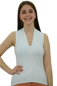 Derin V Yaka Kolsuz Beyaz Bayan Atlet - 4