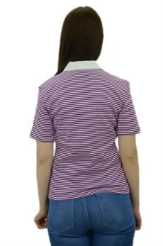 Beyaz Mor Çizgili Yakalı T-Shirt - Resim 4