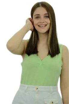 V Yaka Önü Büzgülü Yeşil Bayan Atlet - Resim 2