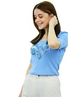 Aksesuar Baskılı Mavi T-Shirt - 4