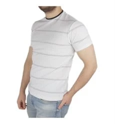 Beyaz Gri Çizgili Lakost Örme T-shirt - 3