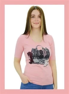 Çanta Baskılı Pembe T-Shirt