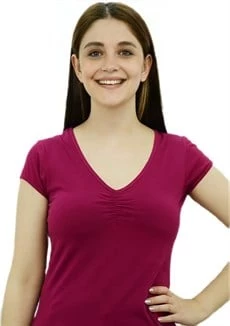 V Yaka Önü Büzgülü Fuşya T-Shirt ürün görseli