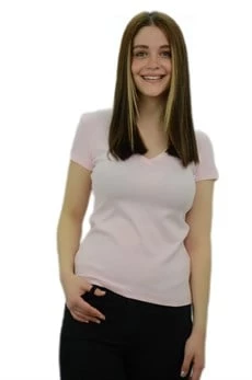 V Yaka Açık Pembe Basic T-Shirt - 3
