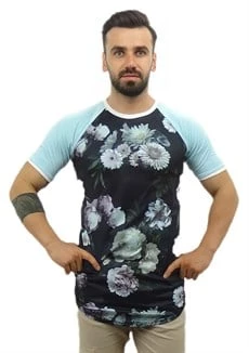 Desenli Kolları Mavi Sportif T-shirt 10106 - Resim 2